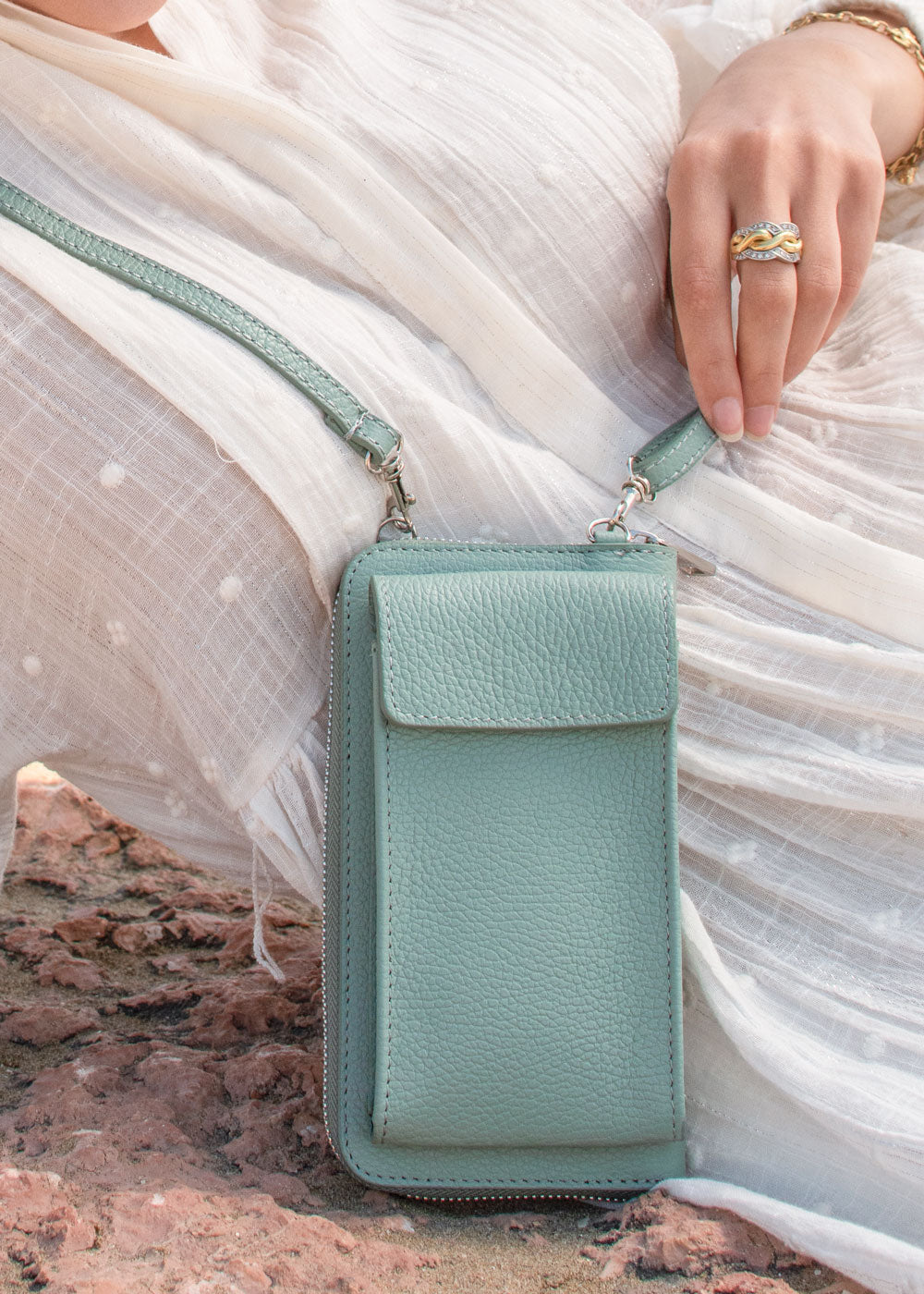 Women Crossbody Purse - Convertible Green-Mint Leather Wallet Bag